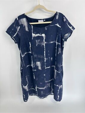 Foil Linen Navy White Abstract Print Dress -‎ US 10